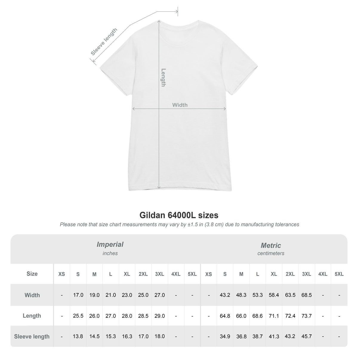 T‑shirt size chart displaying chest width and body length measurements for all sizes.