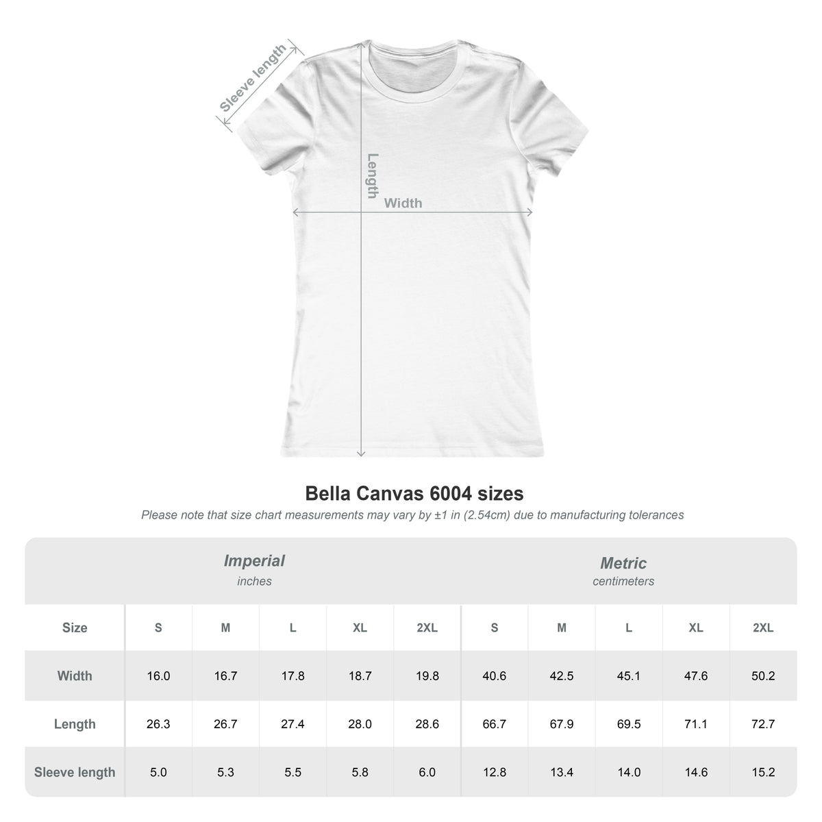 Bella+Canvas 6004 size chart showing width and length measurements for all sizes.