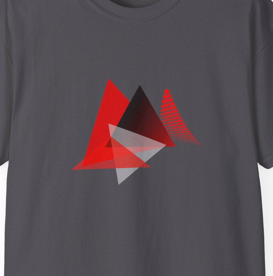 Close‑up of the red geometric Apex Triangle motif on charcoal fabric.
