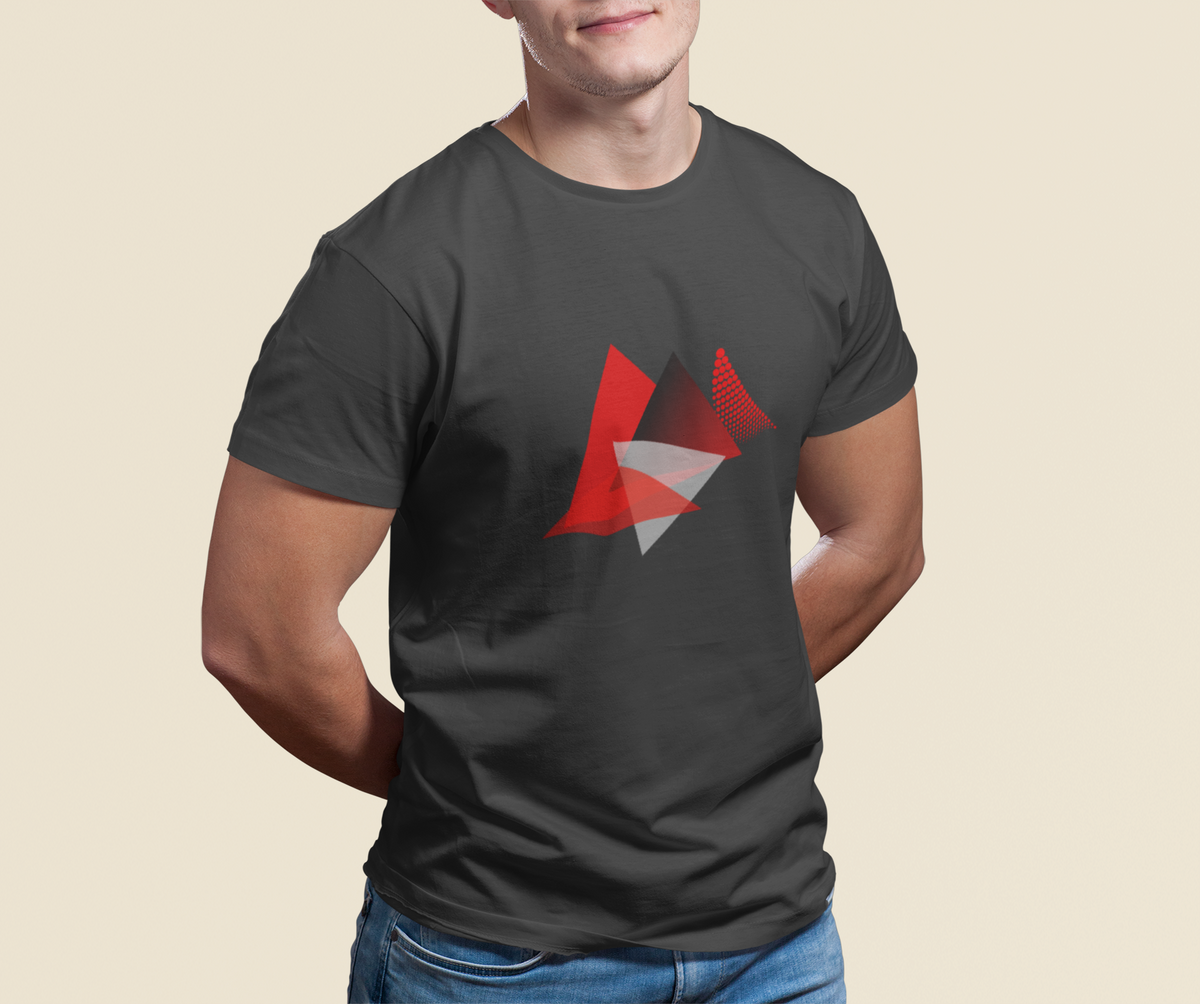Model wearing the charcoal Apex Triangle tee with red geometric motif.