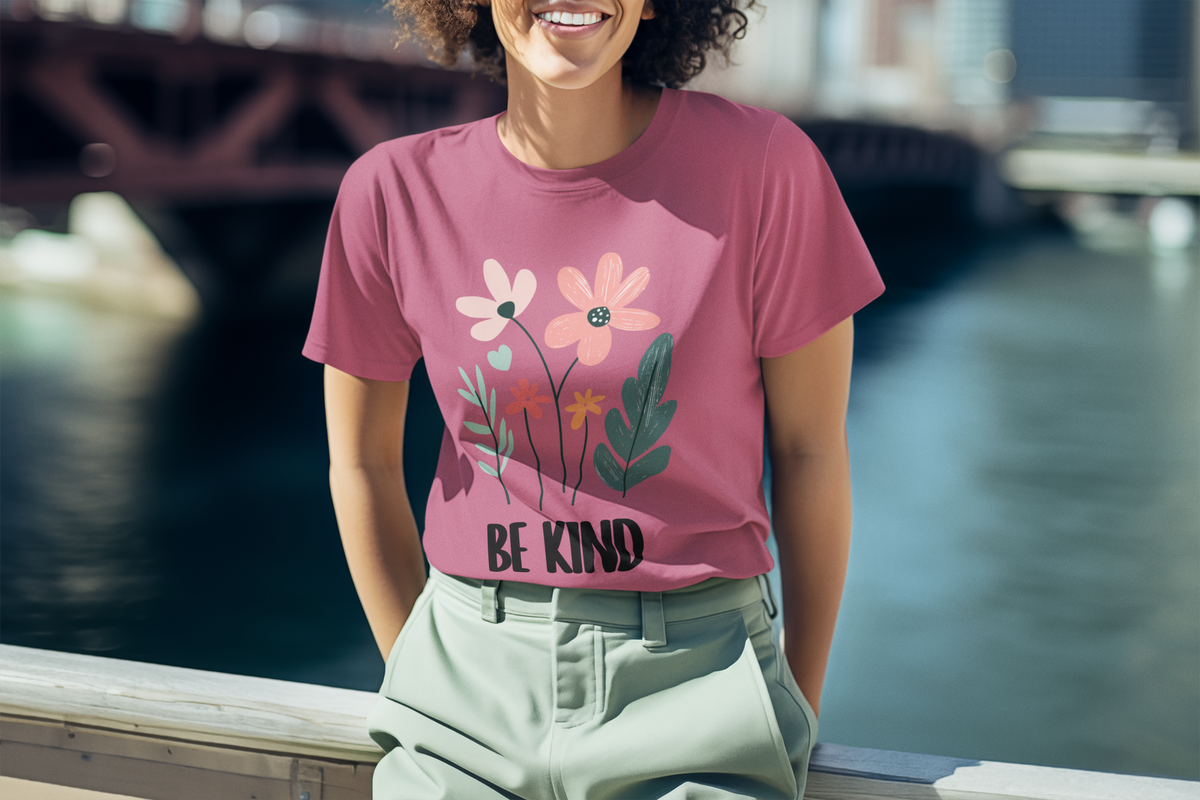 Model wearing a berry tee with  the floral “Be Kind” motif in a warm, casual setting.

