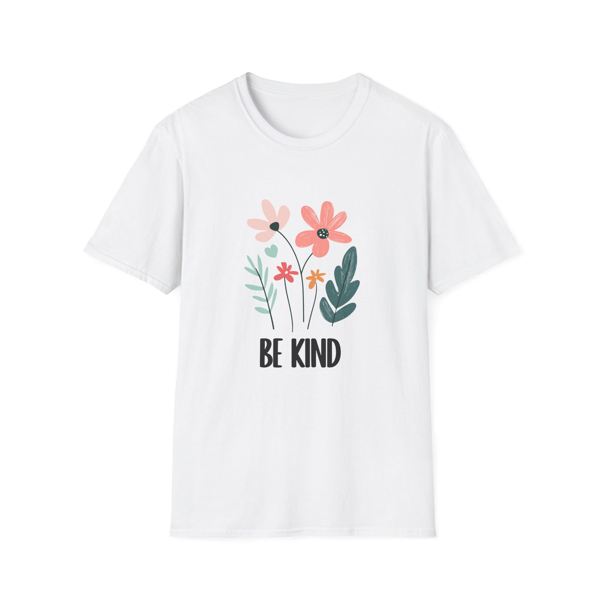 Flaylay of the soft pastel floral “Be Kind” artwork on a white tee.