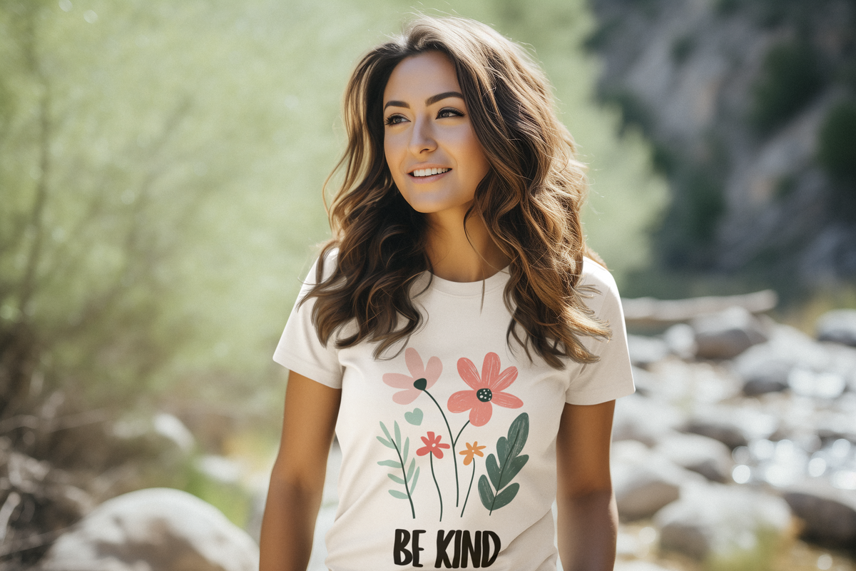 Model wearing a  white tee with soft pastel floral “Be Kind” design, standing outdoors.