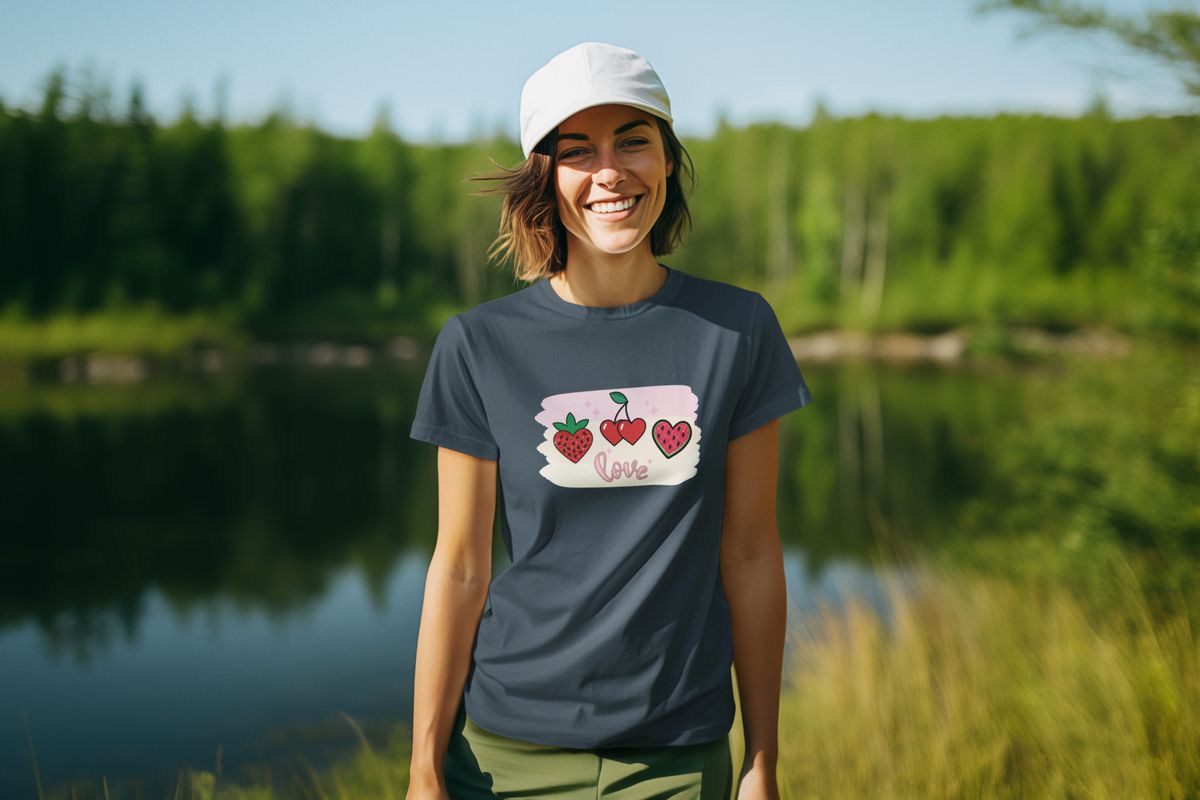 Model outdoors wearing a charcoal T‑shirt featuring a strawberry, cherry, and watermelon slice above the word ‘Love’ in cursive.
