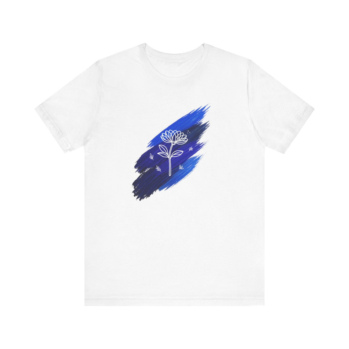 Flat‑lay display of the white Blue Brushstroke Lotus Tee featuring the blue brushstroke background and white lotus line‑art.