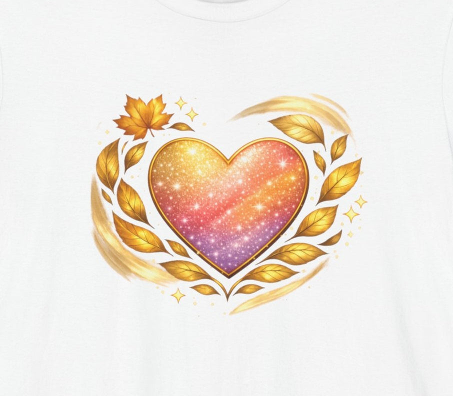 Close up of white T‑shirt featuring a gradient heart with gold leaf accents printed on the front.