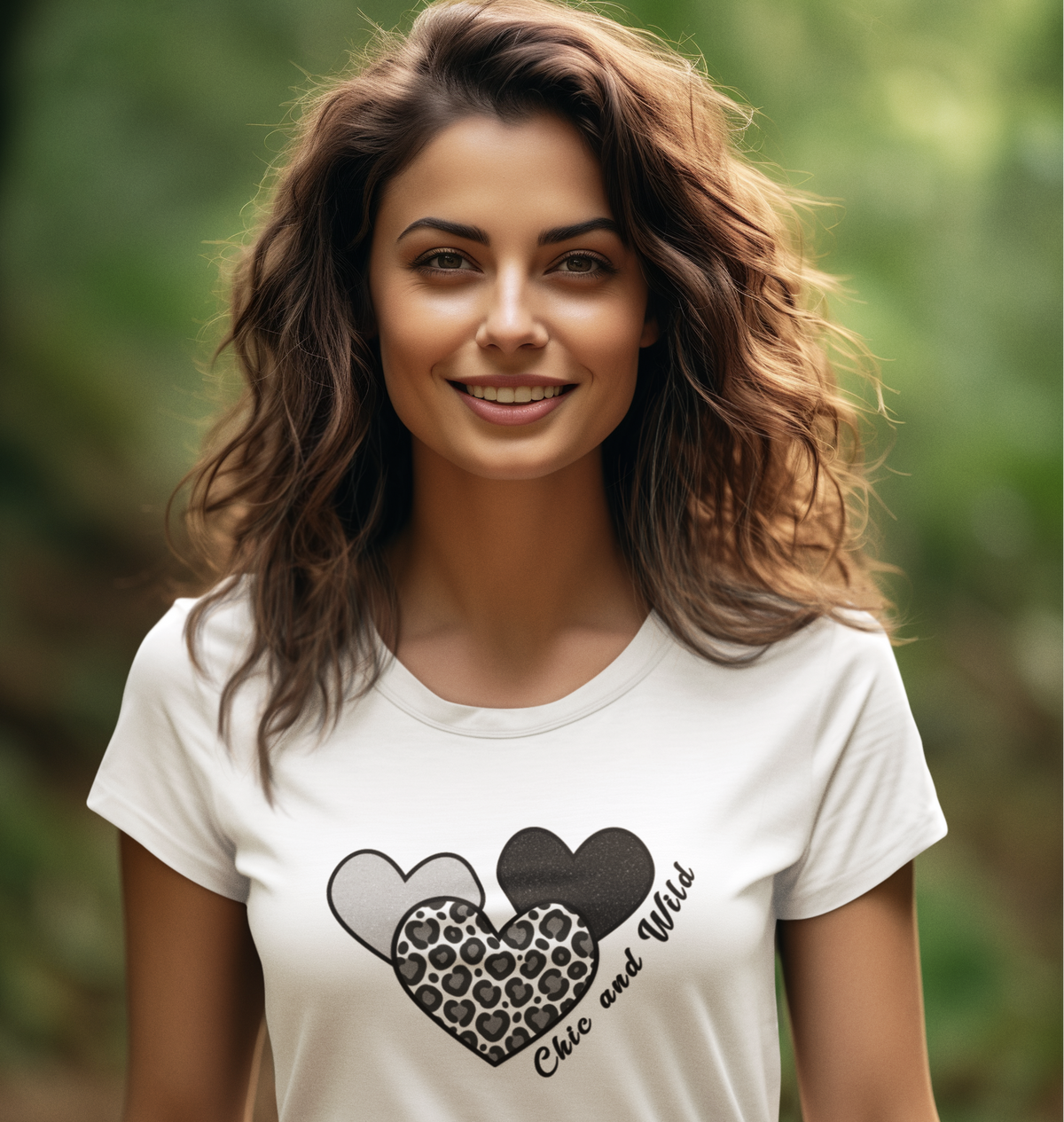 Model wearing a white T‑shirt featuring three hearts—one solid black, one leopard print, and one grey heart—with the text ‘Cute and Wild’ across the design.
