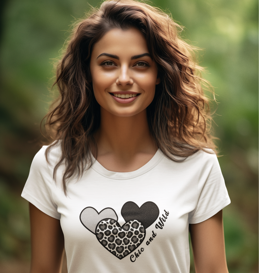Model wearing a white T‑shirt featuring three hearts—one solid black, one leopard print, and one grey heart—with the text ‘Cute and Wild’ across the design.