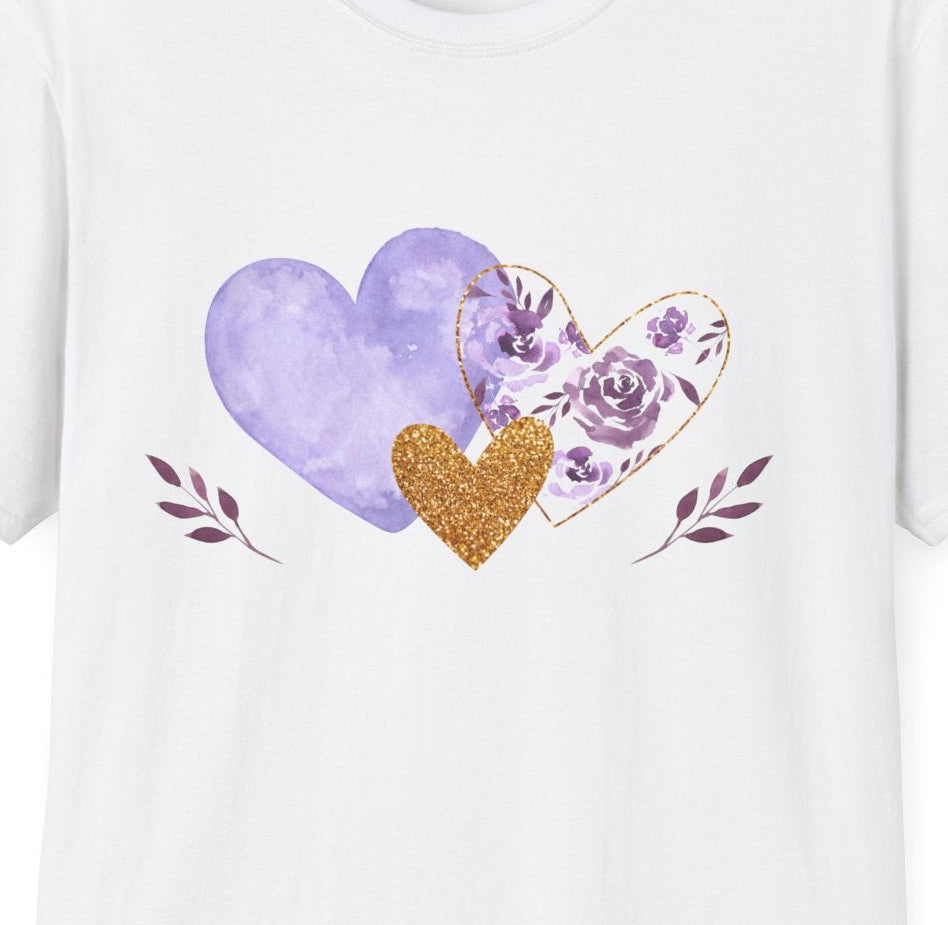 Close‑up of the lavender and gold floral heart motif with watercolour texture.