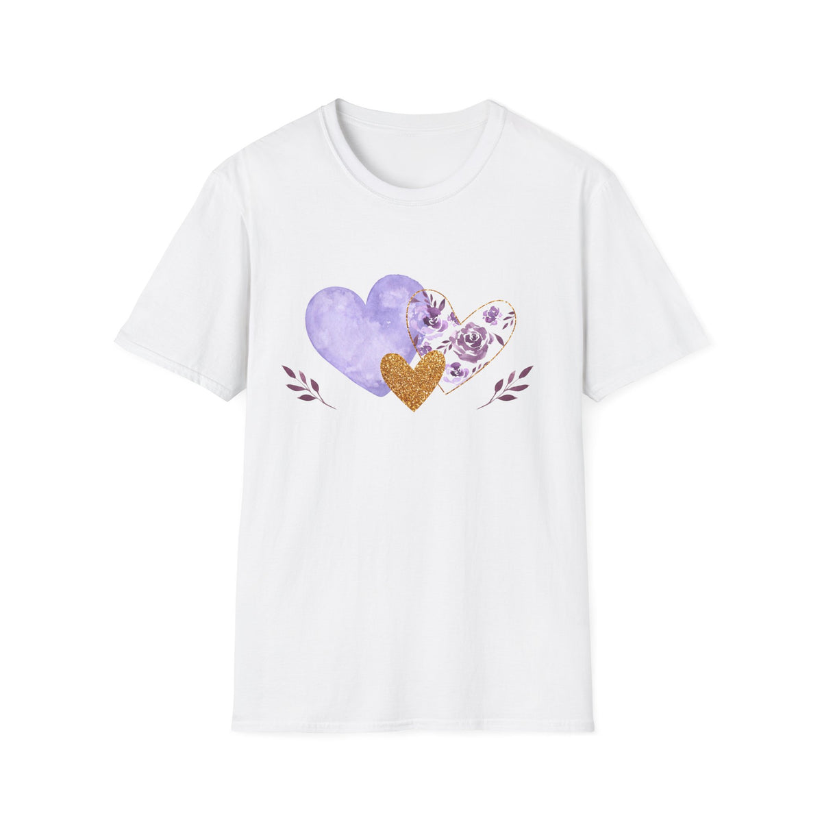 Flat lay of the White tee with the lavender and gold floral heart motif.  