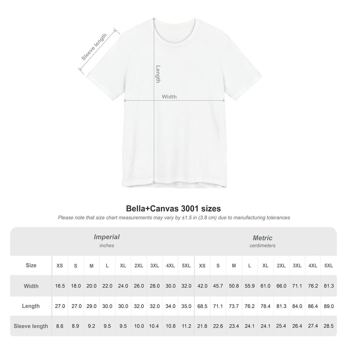 Bella+Canvas 3001 size chart showing width, length and sleeve measurements from XS to 5XL.