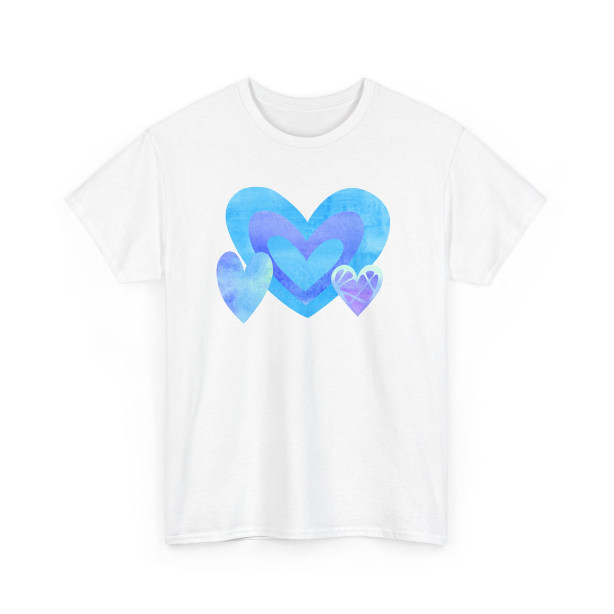 Flat lay of the White tee with the layered blue, purple, and blush triple‑heart motif.