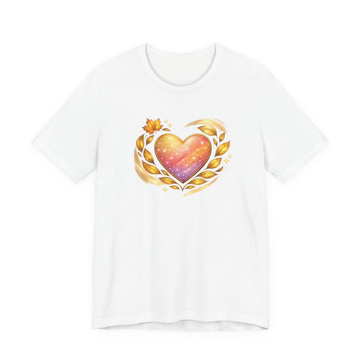 Layflat white T‑shirt featuring a gradient heart with gold leaf accents printed on the front.