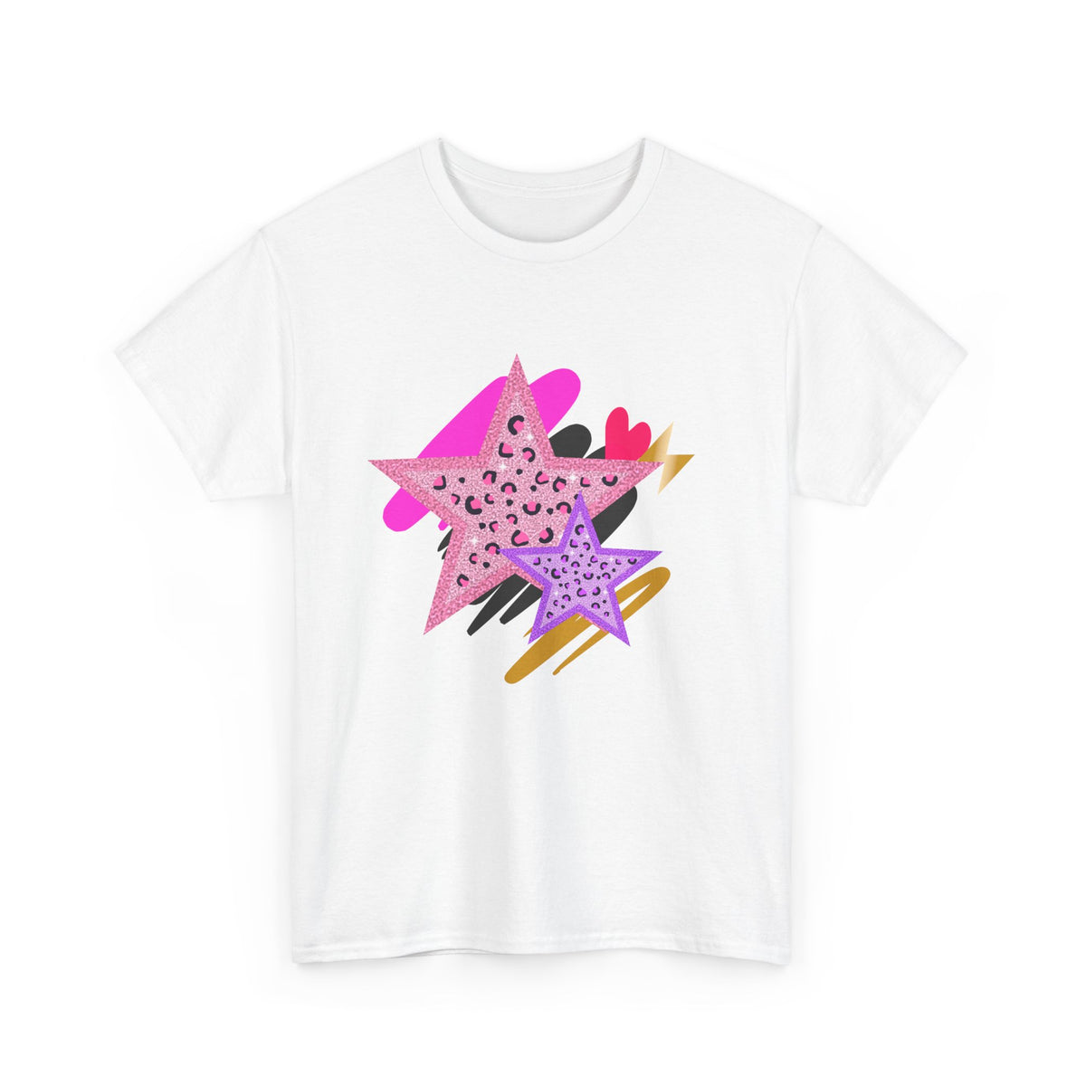 Leopard Star Tee on white shirt with pink and purple leopard‑print stars and layered brushstroke accents.