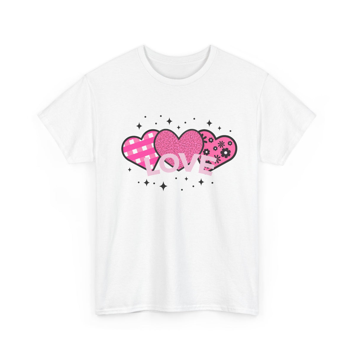 Flat lay of the White tee with the pink LOVE heart trio motif.  