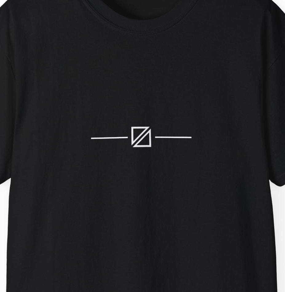 Close‑up of the Minimal Geometric Crest Tee in Black highlighting the fine linework crest motif.