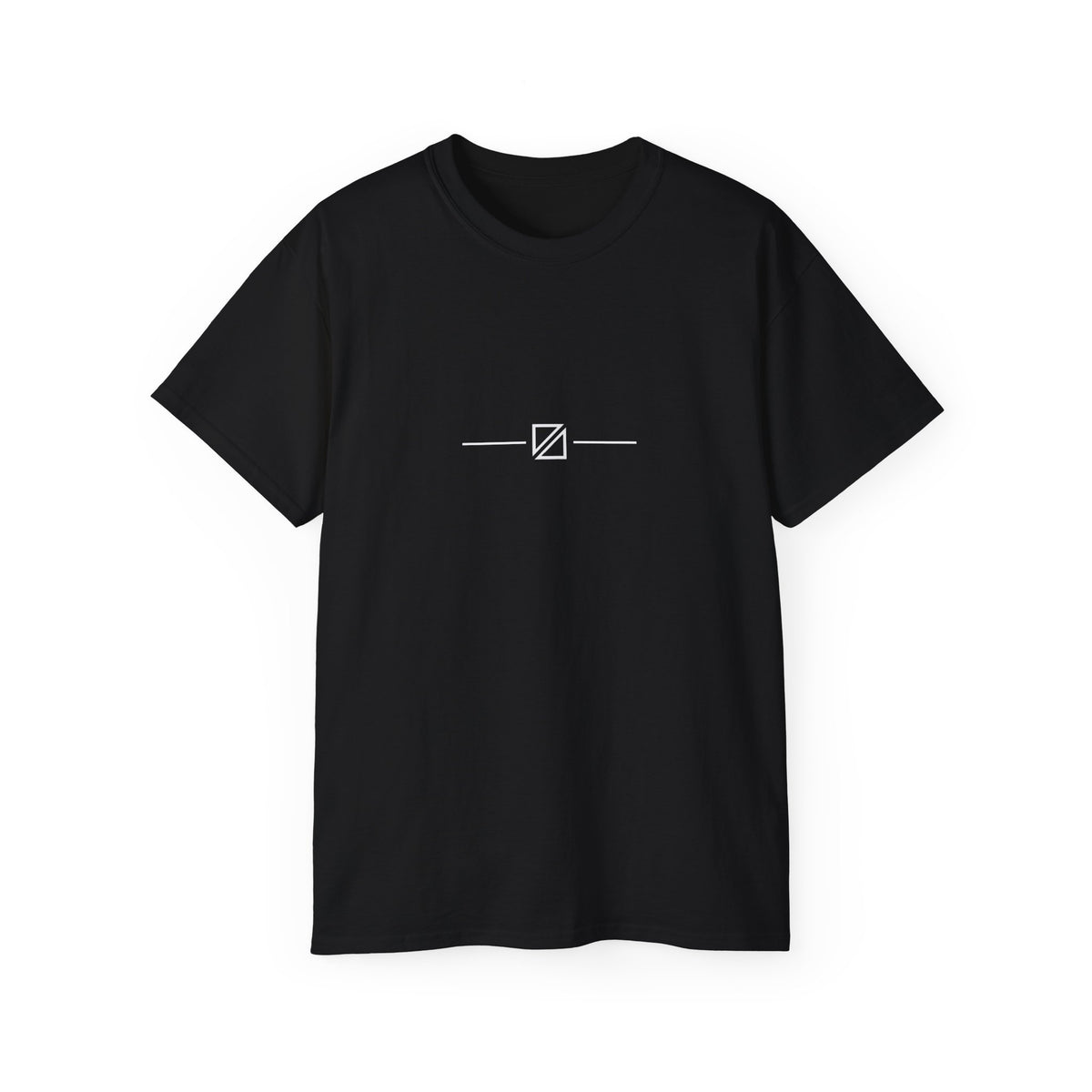 Flat lay of the Minimal Geometric Crest Tee in Black showing the centred linework crest motif.
