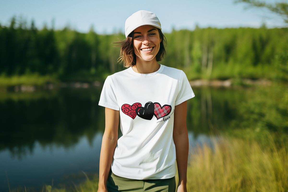 Model standing by a lake wearing a white T‑shirt featuring three patterned hearts in red and black arranged in a row across the chest.