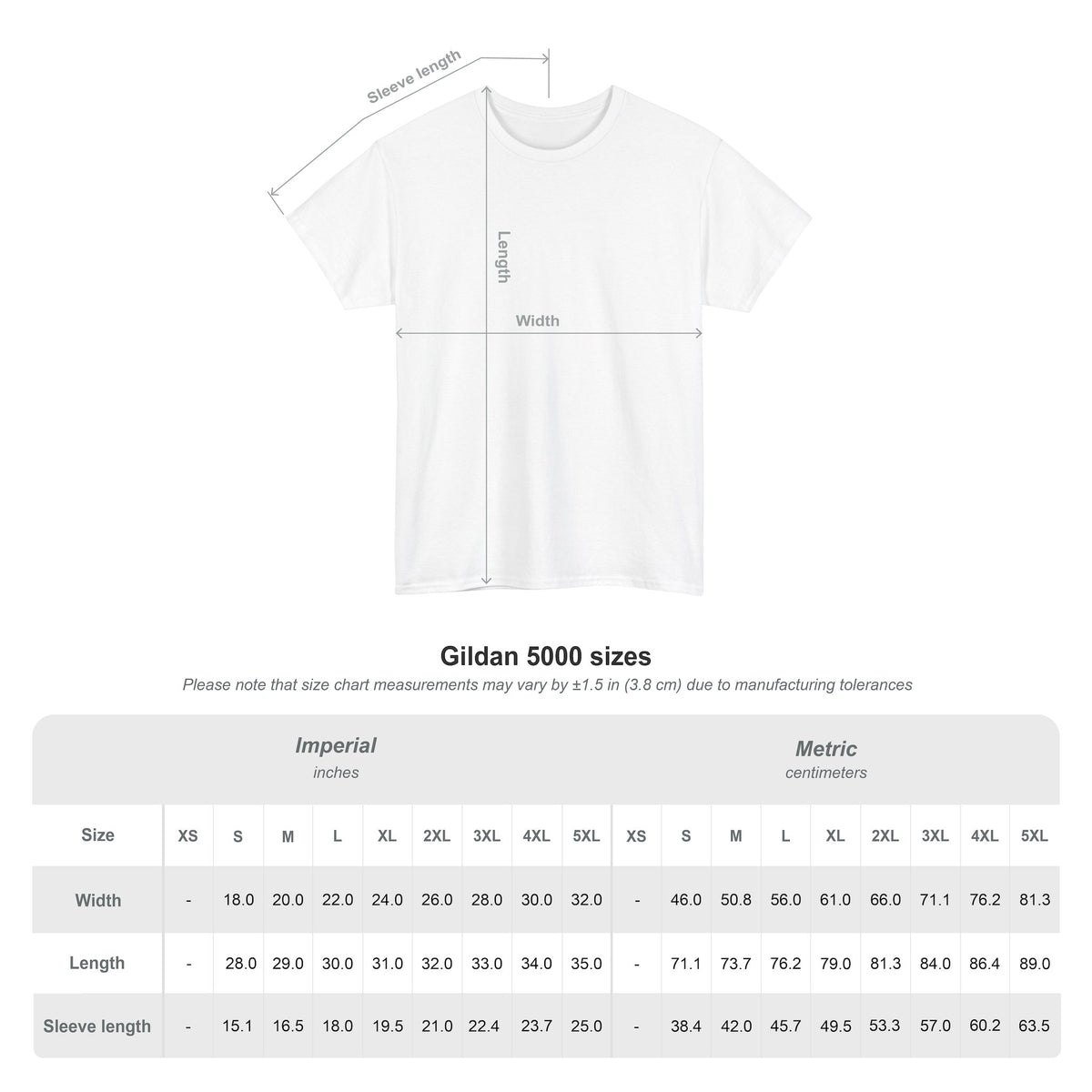 T‑shirt size chart showing width, length, and sleeve measurements for all available sizes.