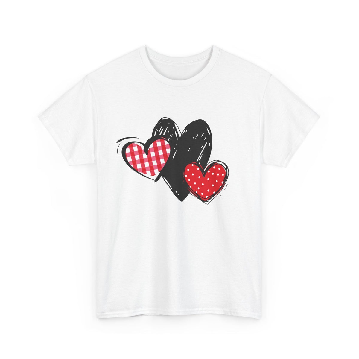 White T‑shirt laid flat showing gingham, sketch, and polka dot triple‑heart motif