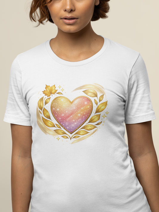 Woman wearing white T‑shirt featuring a gradient heart with gold leaf accents printed on the front.